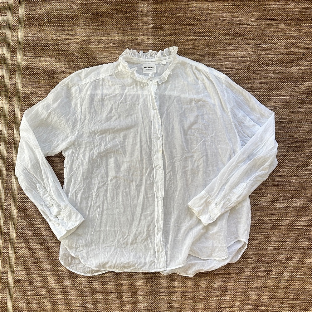 MARANT ÉTOILE The Gamble Frilled Shirt Long Sleeve Button Down in Sheer White